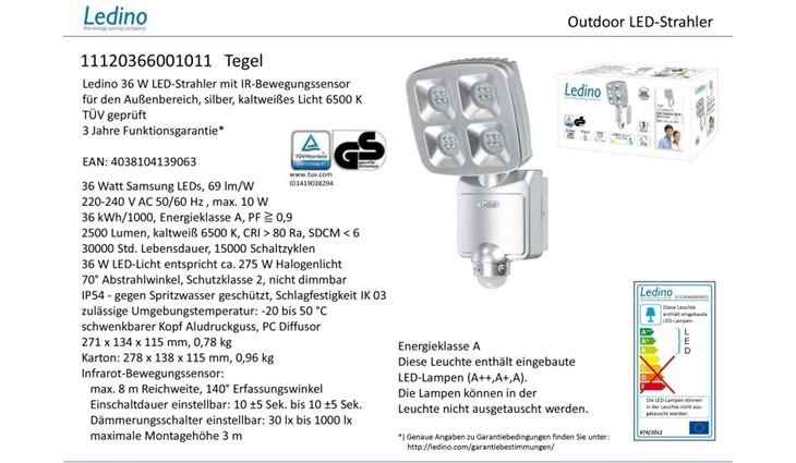 Ledino LED-Strahler Tegel 36W, IR 6500K, silber