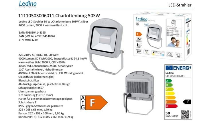 Ledino LED-Strahler Charlottenburg 50W, 50SW, 3000K si